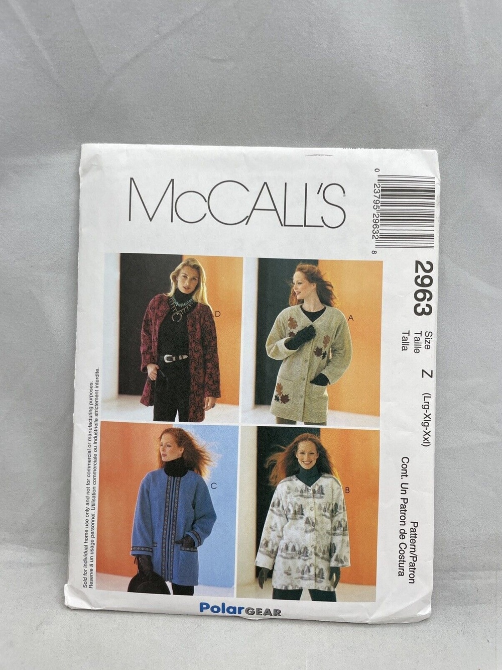 McCall's 2963 Sewing Pattern Crafts Large XL XXL Polargear Unlined Jacket
